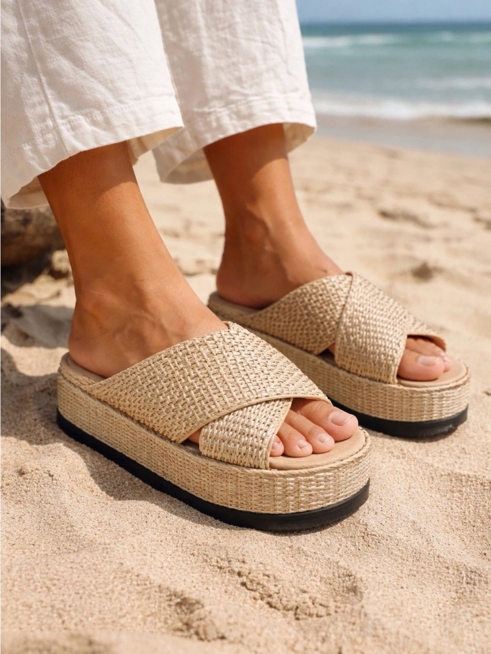 ROAM Cross Stack Raffia Platform Slides Beige Women’s Sandals US 10